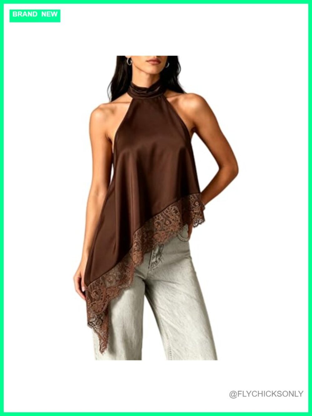 Satin Halter Tank Top Mock Neck Lace Trim Asymmetrical Hem Sleeveless